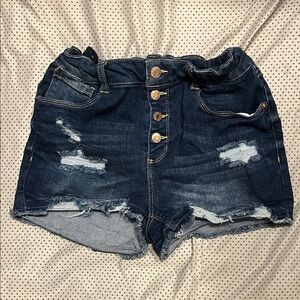 High-Rise Dark Wash Distressed Denim Shorts - Women's
